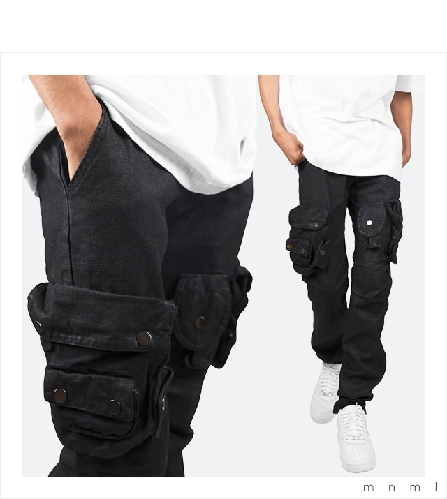 (ミニマル) mnml WAXED DENIM CARGO PANTS BLACK (LS:PANTS)(COLOR:BK) ボトムス ロングパンツ  カーゴ ブラック 国内正規品